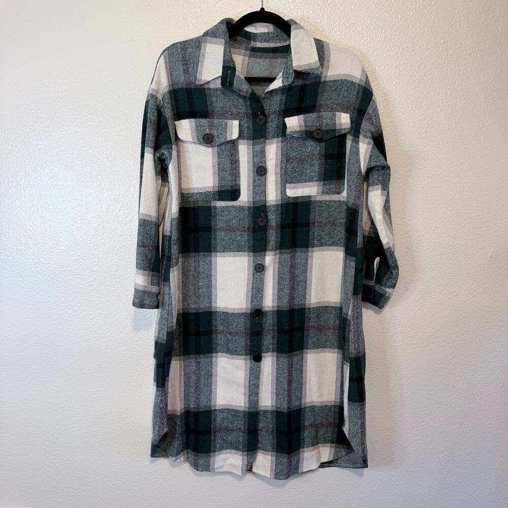 Green Plaid Long Shacket Shirt Jacket Forest Green/White Women's M